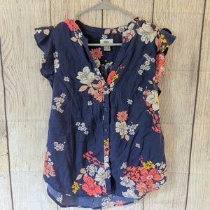 Floral Ruffle Sleeve Blouse Old Navy Blue | Small